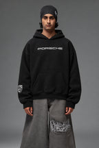 Front portrait of the black Porsche 911 GT3 RS oversized hoodie