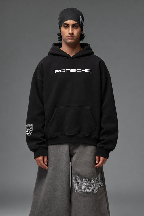 Front portrait of the black Porsche 911 GT3 RS oversized hoodie