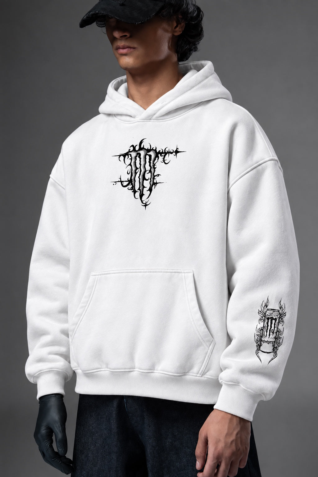 AMARCO MONSTER white hoodie three-quarter front view