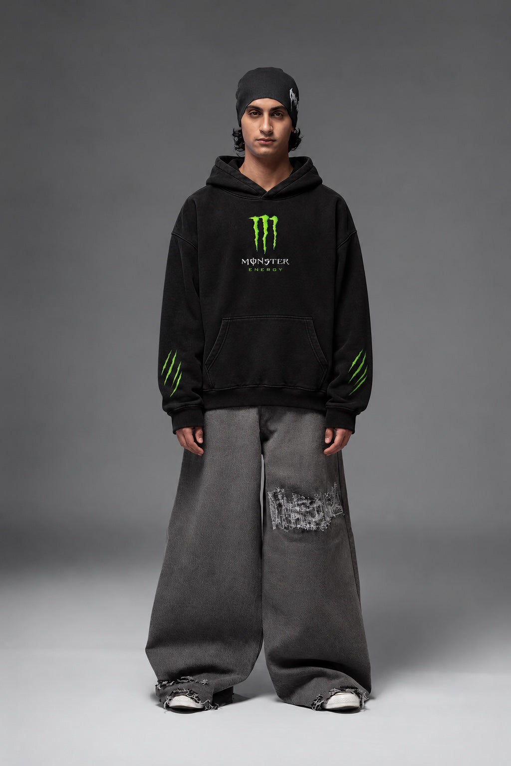 AMARCO MONSTER black oversized hoodie full front view on model