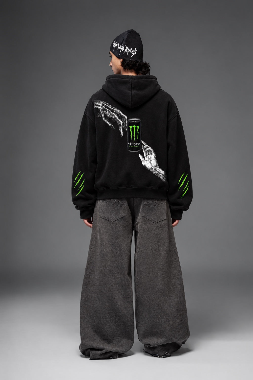 AMARCO MONSTER black oversized hoodie full back view with graphic print