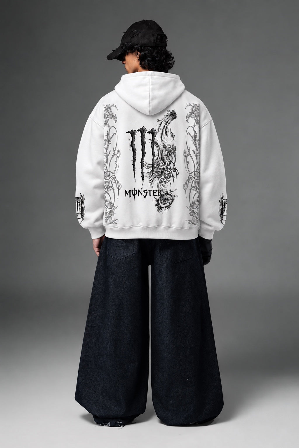 AMARCO MONSTER white oversized hoodie back print on model