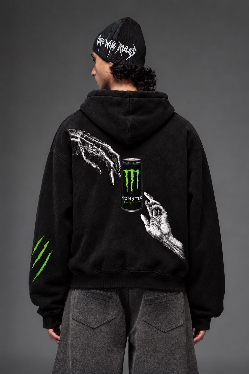 AMARCO MONSTER black oversized hoodie back graphic close-up on model