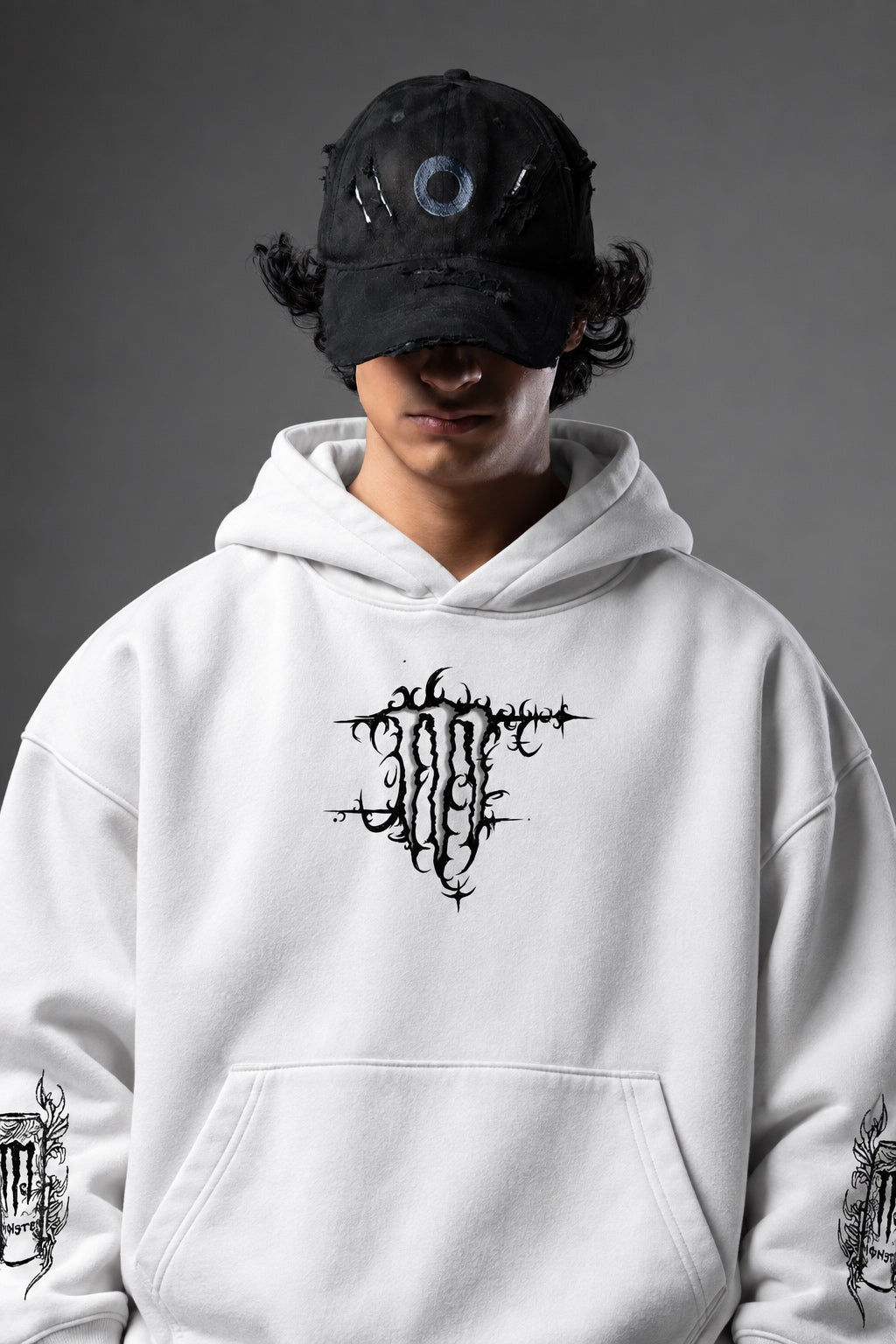 AMARCO MONSTER white hoodie chest print close-up