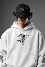 AMARCO MONSTER white hoodie chest print close-up