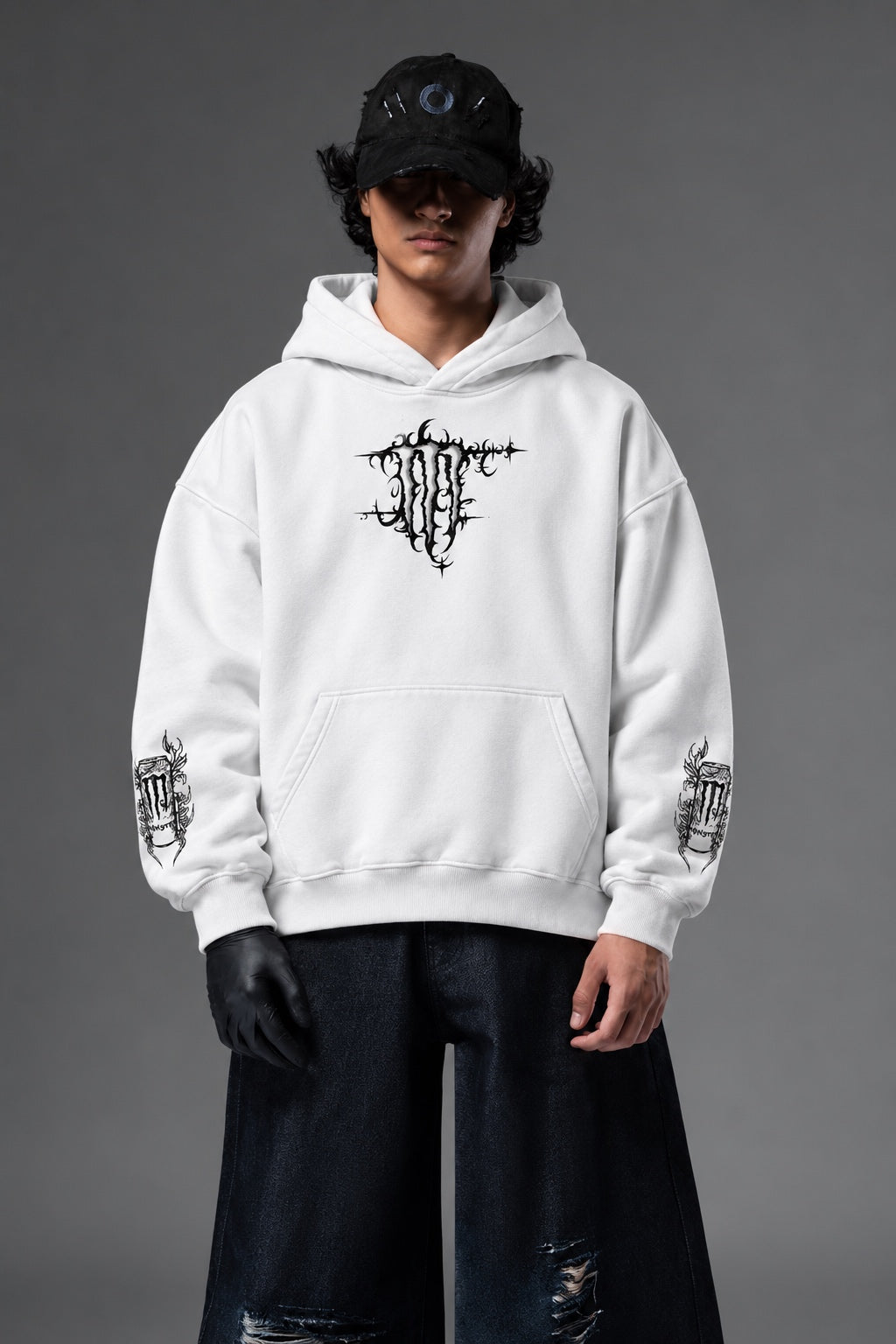 AMARCO MONSTER white oversized hoodie front view on model
