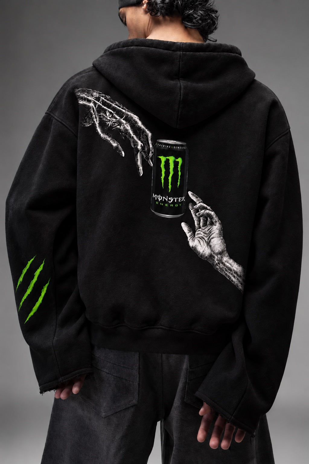 AMARCO MONSTER black hoodie back print detail on model