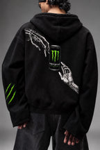 AMARCO MONSTER black hoodie back print detail on model