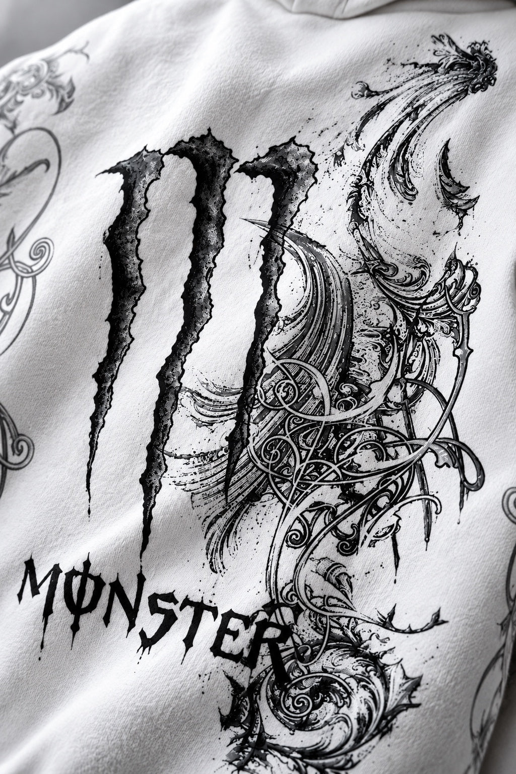 AMARCO MONSTER white hoodie back graphic close-up