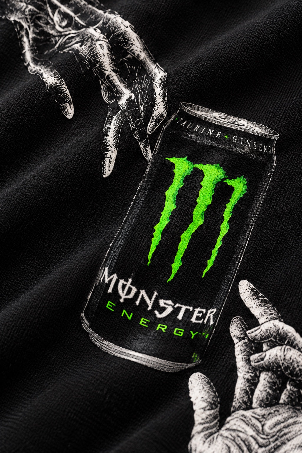 AMARCO MONSTER black hoodie graphic print texture close-up