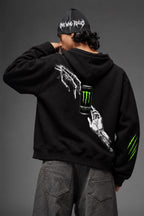 AMARCO MONSTER black hoodie back graphic close-up with raised arm