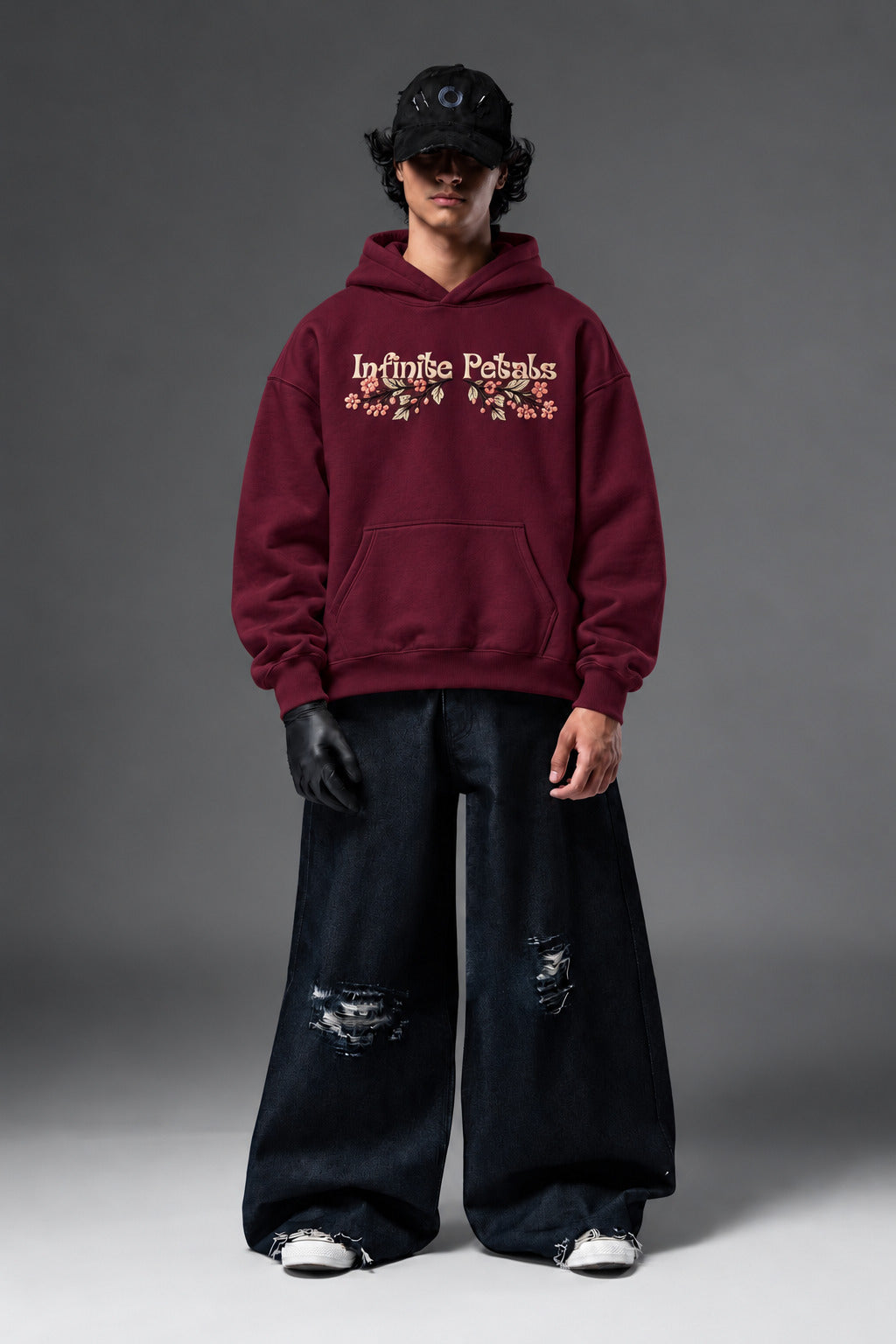Infinite Petals oversized hoodie in Burgundy – full front view