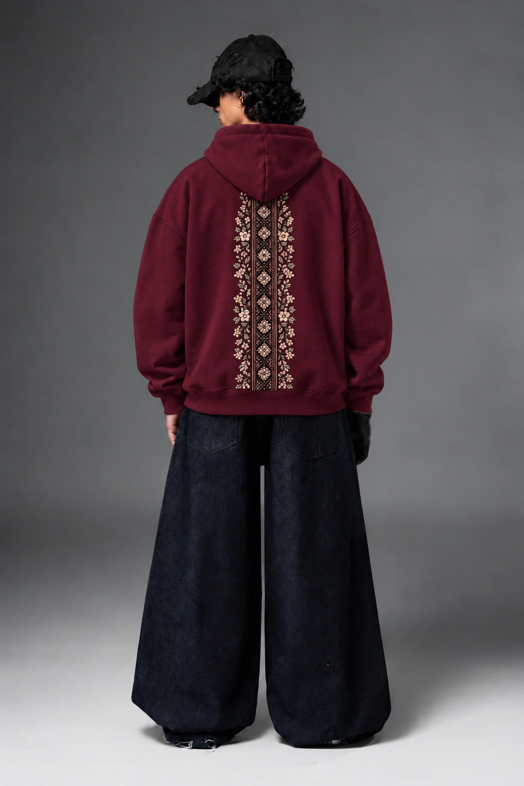Infinite Petals oversized hoodie in Burgundy – full back view