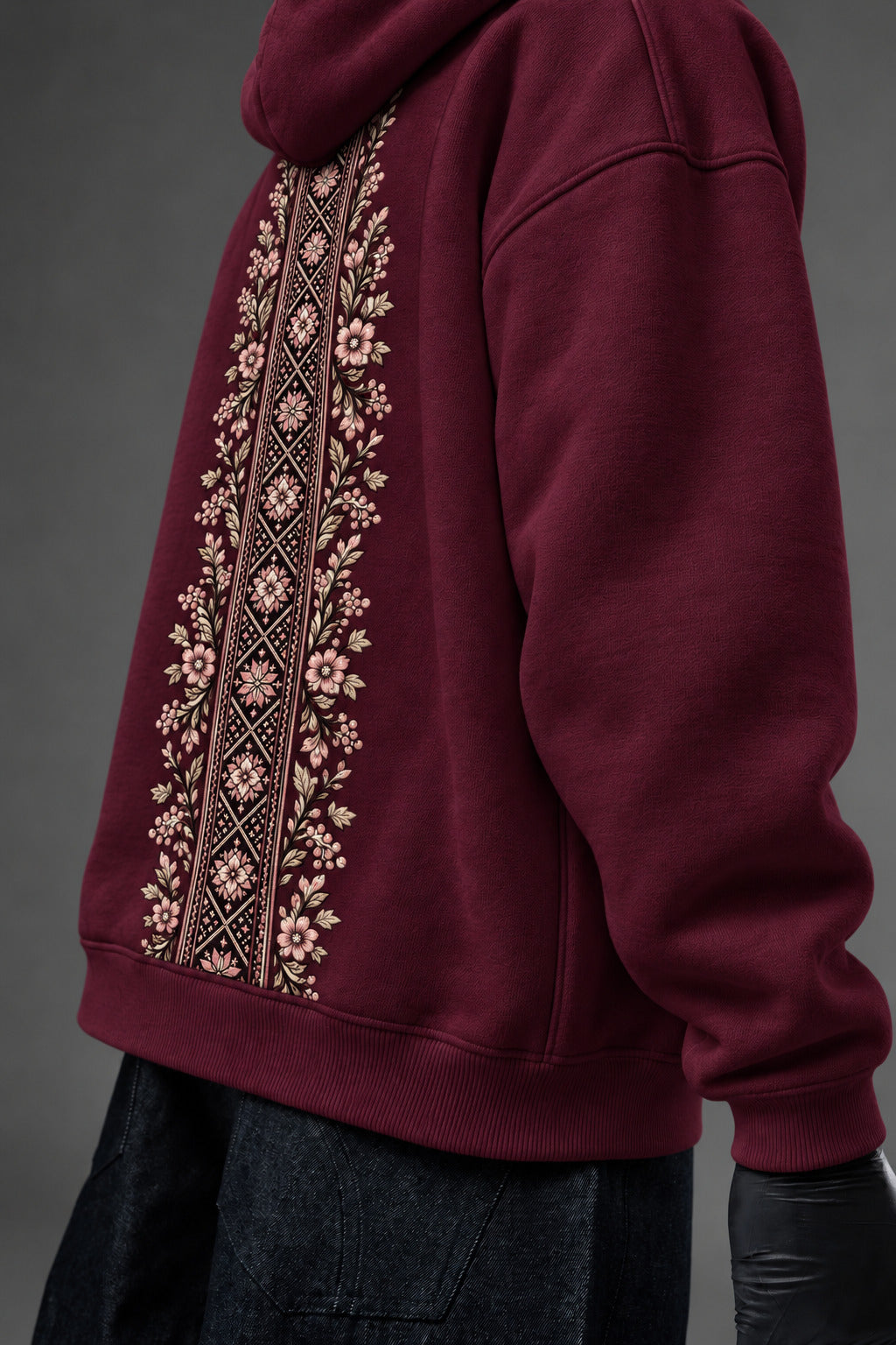 Infinite Petals oversized hoodie in Burgundy – floral back print close-up