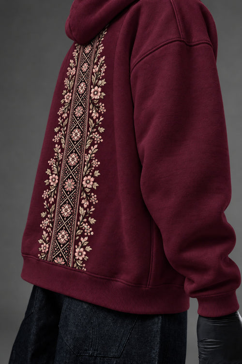 Infinite Petals oversized hoodie in Burgundy – floral back print close-up