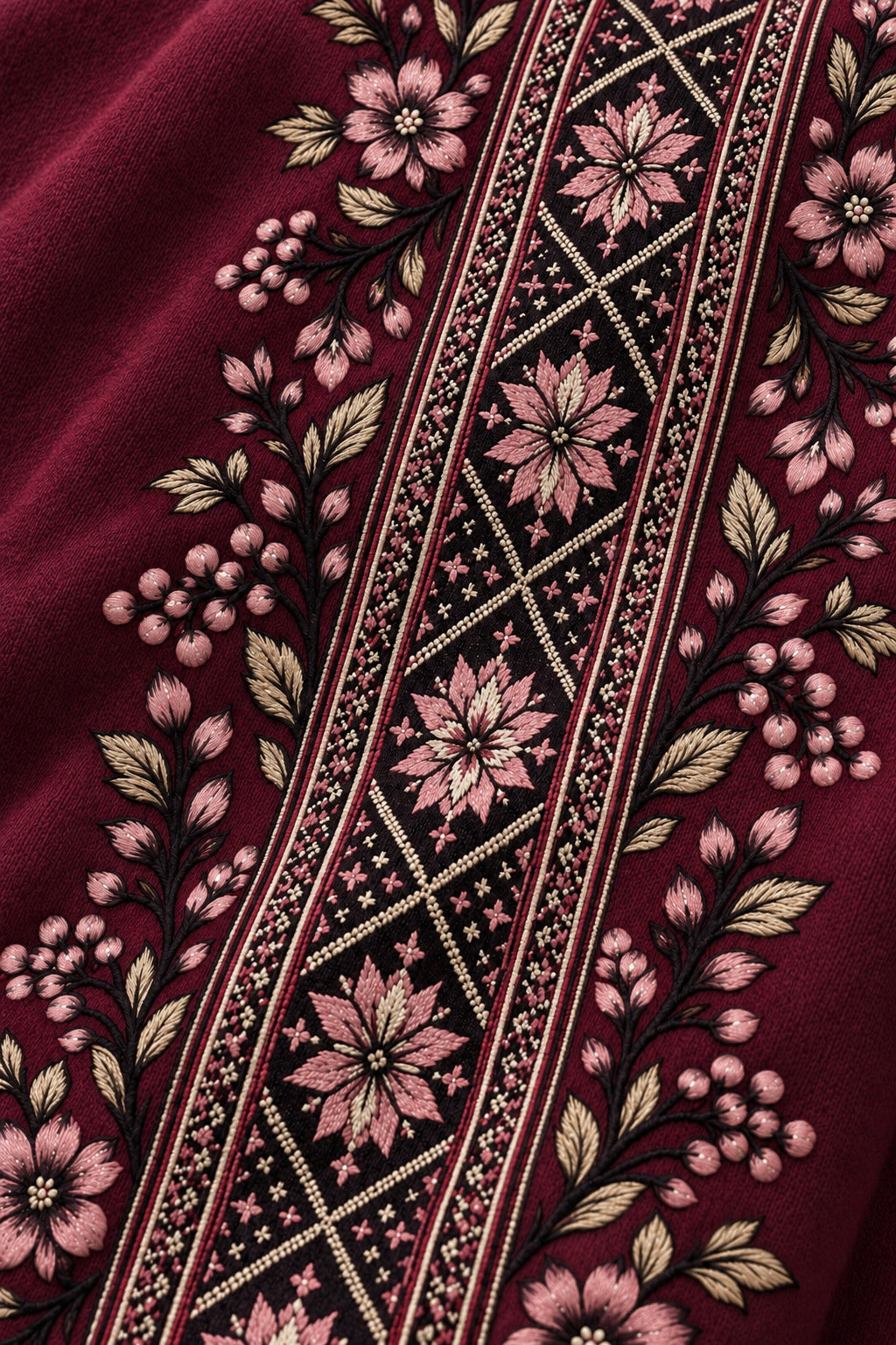 Infinite Petals oversized hoodie in Burgundy – fabric detail